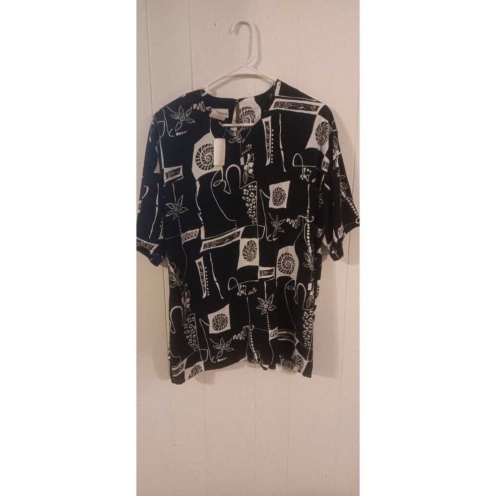 Peter Popovitch VTG Blouse Black/White Abstract Floral Shell Beachy Retro XL